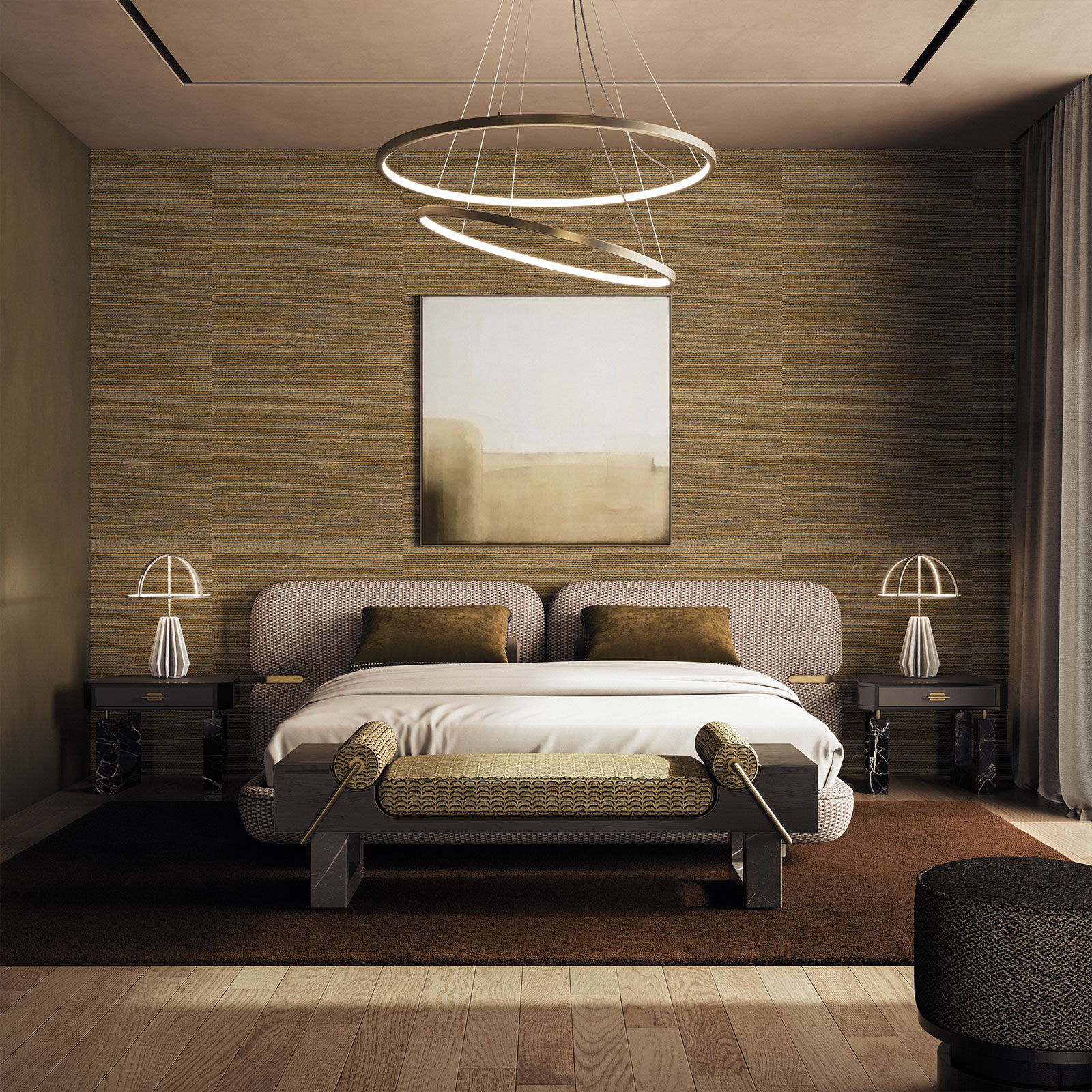 Contemporary bedroom with Newark bed, Lincoln Bedside table, Kansas bench, Wyo stool, Gateway Suspension and Nevada II table lamp Contemporary bedroom with Newark bed, Lincoln Bedside table, Kansas bench, Wyo stool, Gateway Suspension and Nevada II table lamp