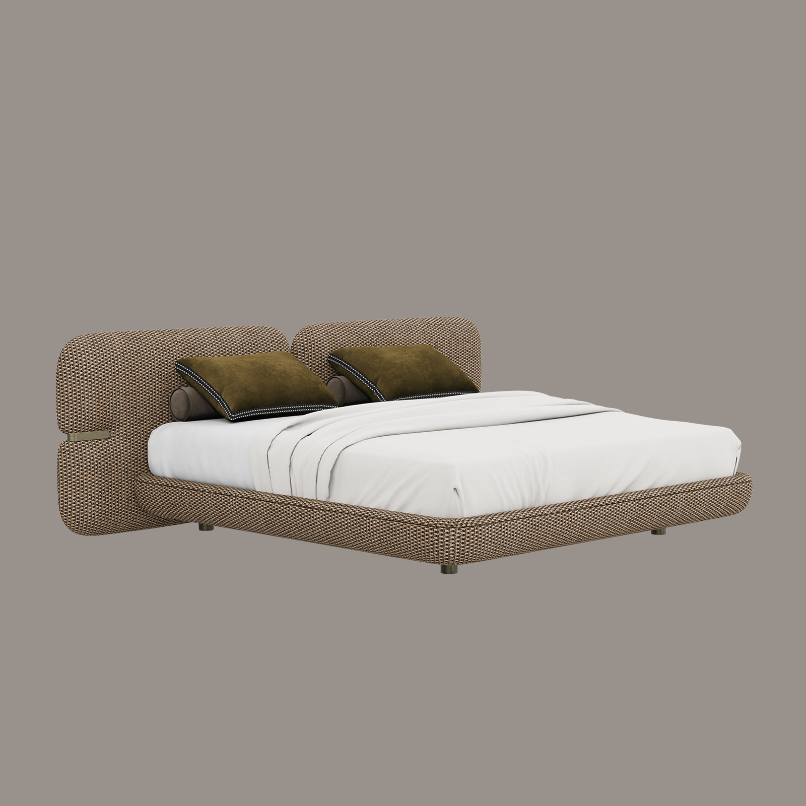 Newark Bed corner view with Dedar Canasta fabric Newark Bed corner view with Dedar Canasta fabric