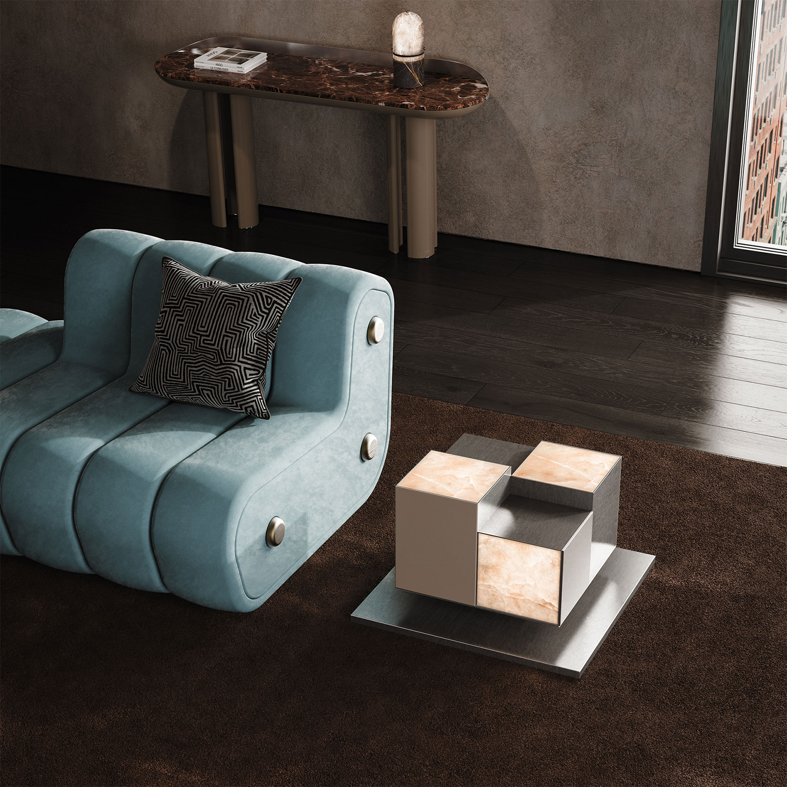 Hudson Side Table, Beverly Console, Russel table lamp and Dakota Lounge Chair Hudson Side Table, Beverly Console, Russel table lamp and Dakota Lounge Chair