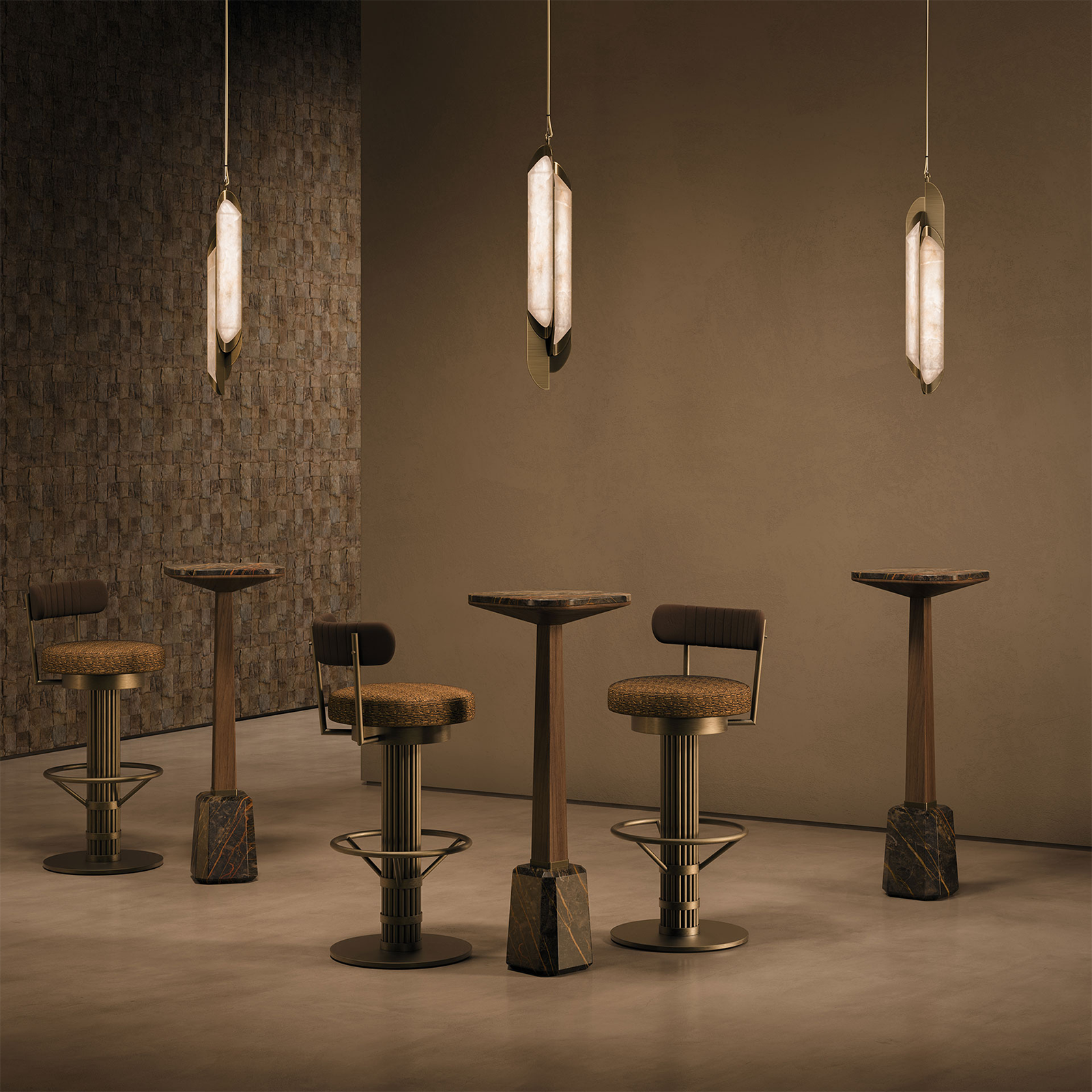 Willis Bar Chair, Glacier I Pendant Lamp and Oakland Bar Table in bar setting Willis Bar Chair, Glacier I Pendant Lamp and Oakland Bar Table in bar setting