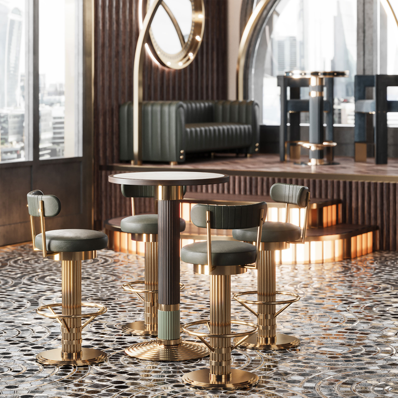 Queens Bar Table, Willis Bar chair and Inglewood sofa in a bar setting Queens Bar Table, Willis Bar chair and Inglewood sofa in a bar setting