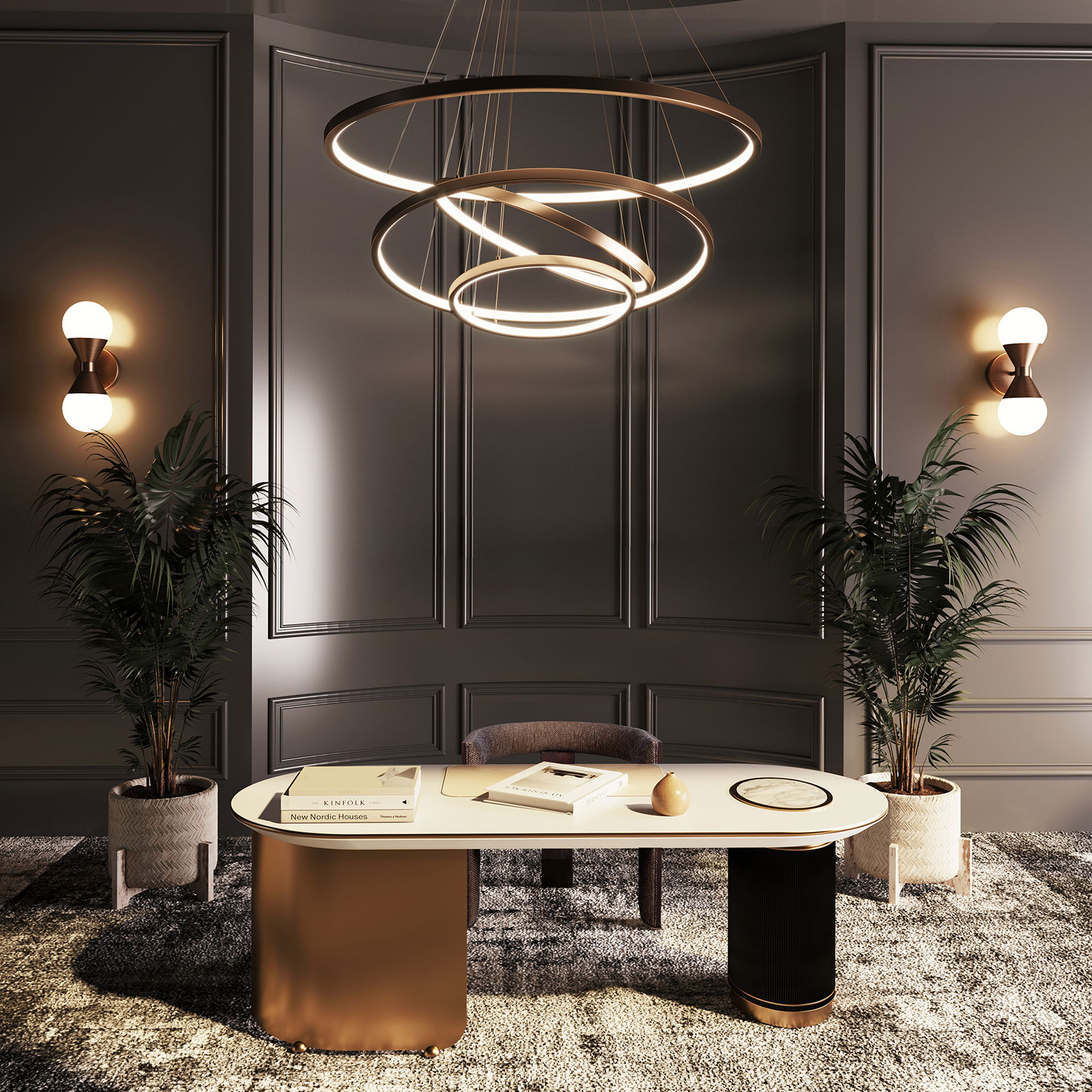 Brooklyn Dinig Chair, Arizona Desk, Gateway Suspension Lamp and Nomad Wall Lamp from Creativemary Brooklyn Dinig Chair, Arizona Desk, Gateway Suspension Lamp and Nomad Wall Lamp from Creativemary