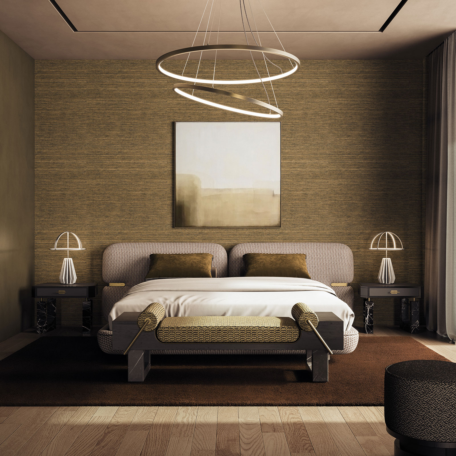 Newark Bed, Gateway Suspension Lamp, Lincoln Bedside table, Wyo Stool and Nevada I Table Lamp Newark Bed, Gateway Suspension Lamp, Lincoln Bedside table, Wyo Stool and Nevada I Table Lamp