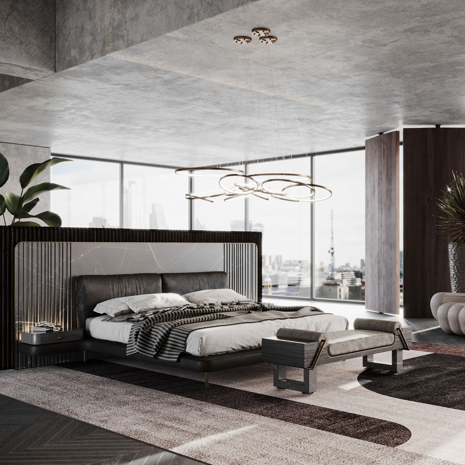 Kansas Bench Colorado Bed. Kansas Bed, Dakota armchair and Gateway Suspension lamp on skycraper room