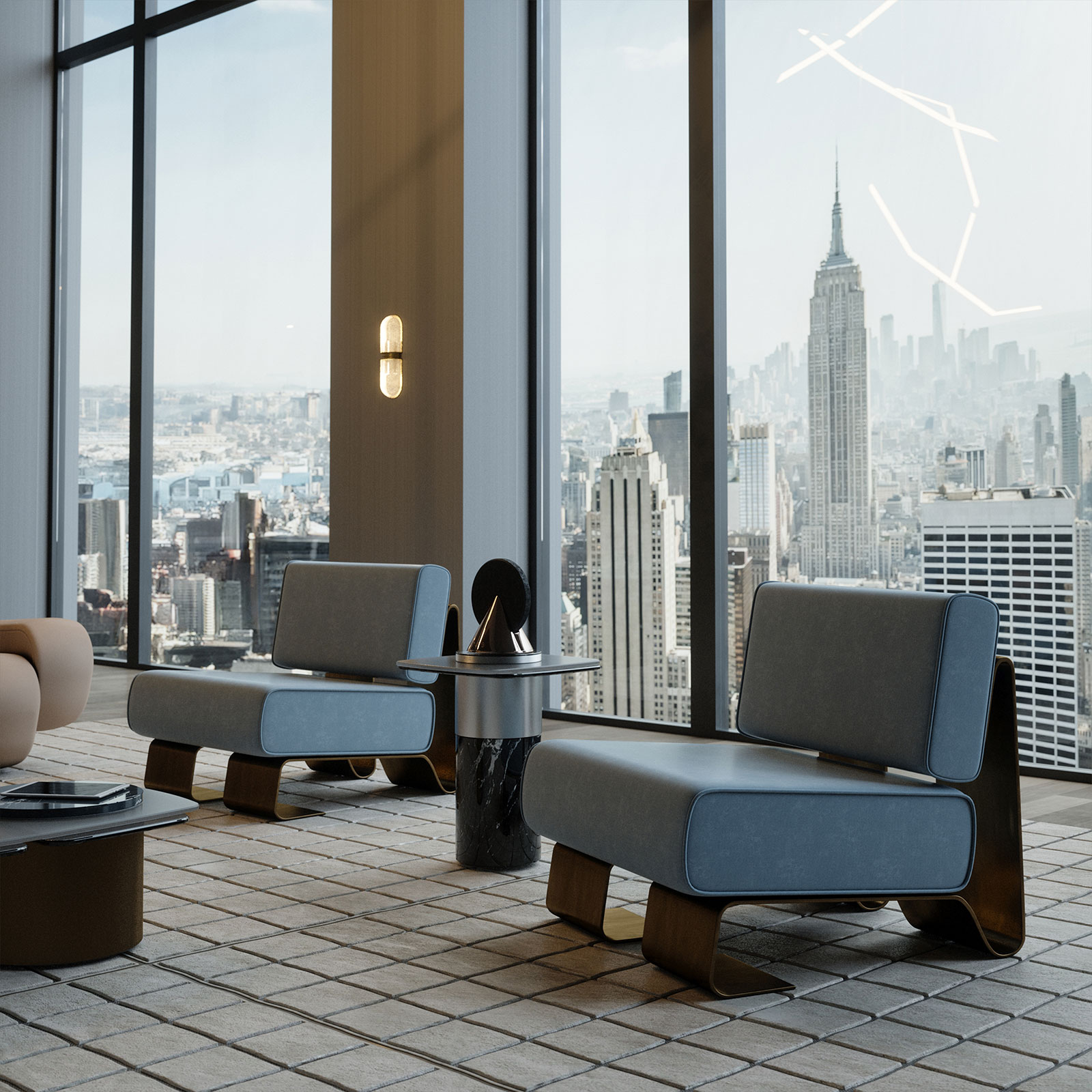 Russell II Wall Lamp Rushmoore Armchair, Russell II Wall Lamp and Mississippi Side Table